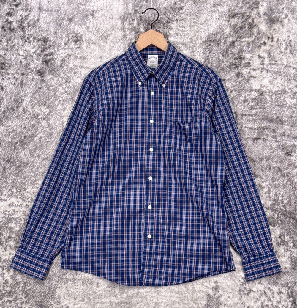 Brooks Brothers Shirt Medium Mens Regent Blue Plaid Long Sleeve Casual Button